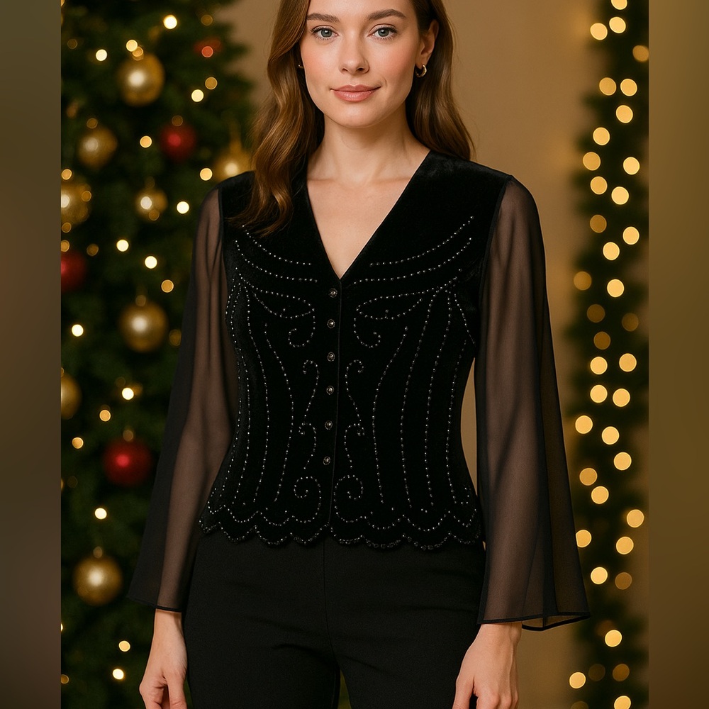 J.R. NITES BY CALIENDO Black Velvet Beaded Flared Sheer Sleeve Top 12 Holiday